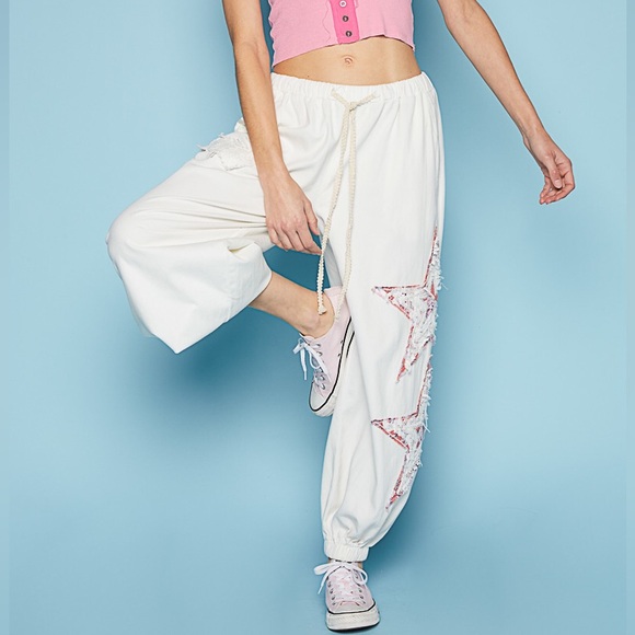 Star pants chambray patchwork cream white joggers - Picture 2 of 5